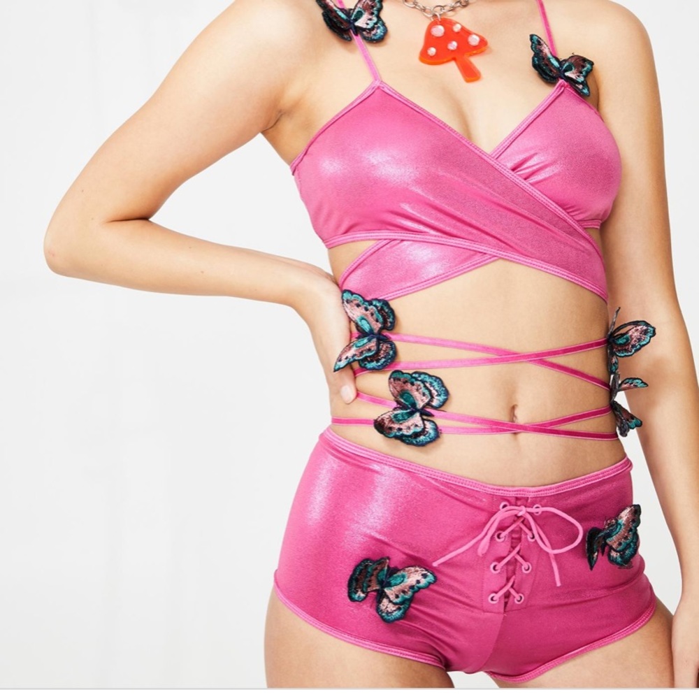NWT Dollskill club exx butterfly pink rave set